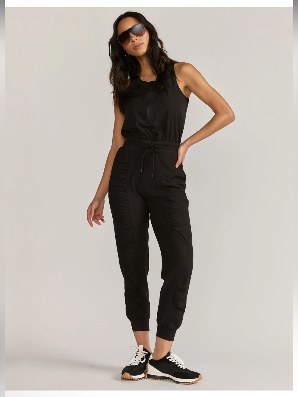 Mono B Black Sleeveless Half-Zip Active Jumpsuit Drawstring Jogger Waist NWT
